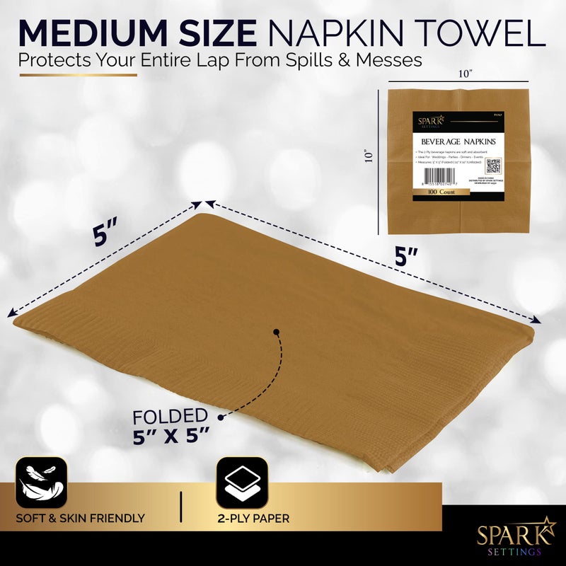 Amcrate 100 Pack Gold Beverage Napkins, Big Party Pack, 2 Ply, Ideal for Wedding, Party, Birthday, Dinner, Lunch, Cocktails. (5â€ x 5â€) by Amcrate - Image 3